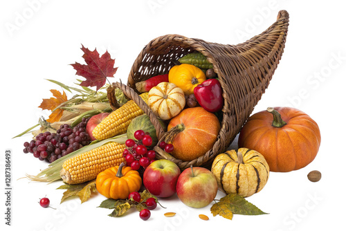 A cornucopia overflowing with autumn fruits and vegetables isolated on transparent background