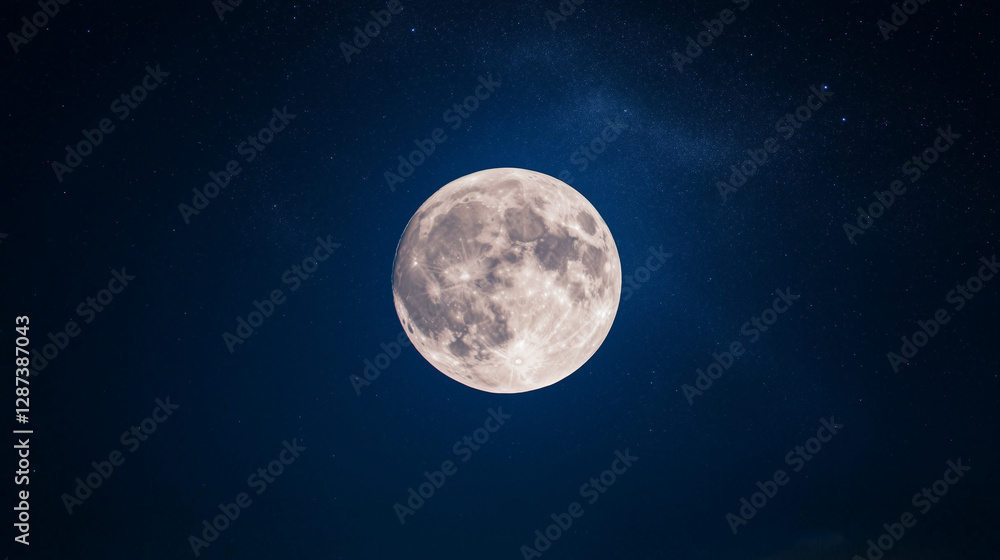 Fototapeta premium Luminous full moon in starlit night sky with twilight horizon with copy space