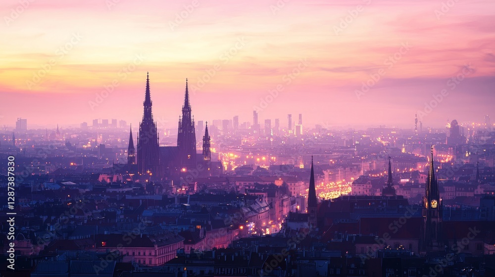 Twinkling Cityscape at Twilight with Neon Lights and Silhouettes Twinkling Cityscape at Twilight with Neon Lights and Silhouettes