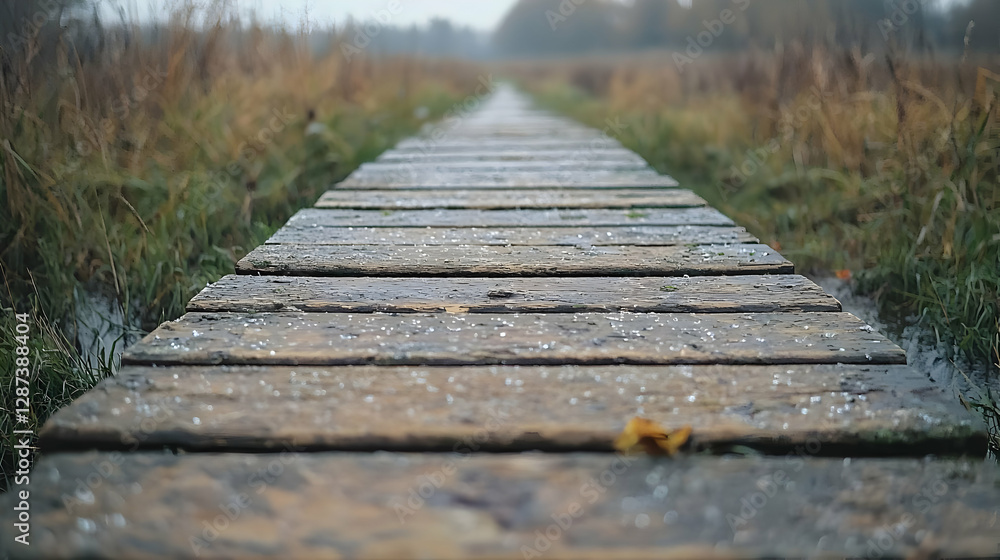 Obraz premium Wooden boardwalk path through autumn marsh