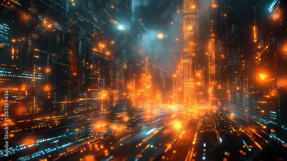 An abstract urban architecture design with space and neon light effects showcasing futuristic technology An abstract urban architecture design with space and neon light effects showcasing futuristic technology