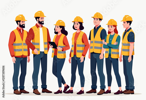 A clean and modern illustration depicting a group of happy young student construction workers in safety gear, perfectly isolated against a stark white background.

