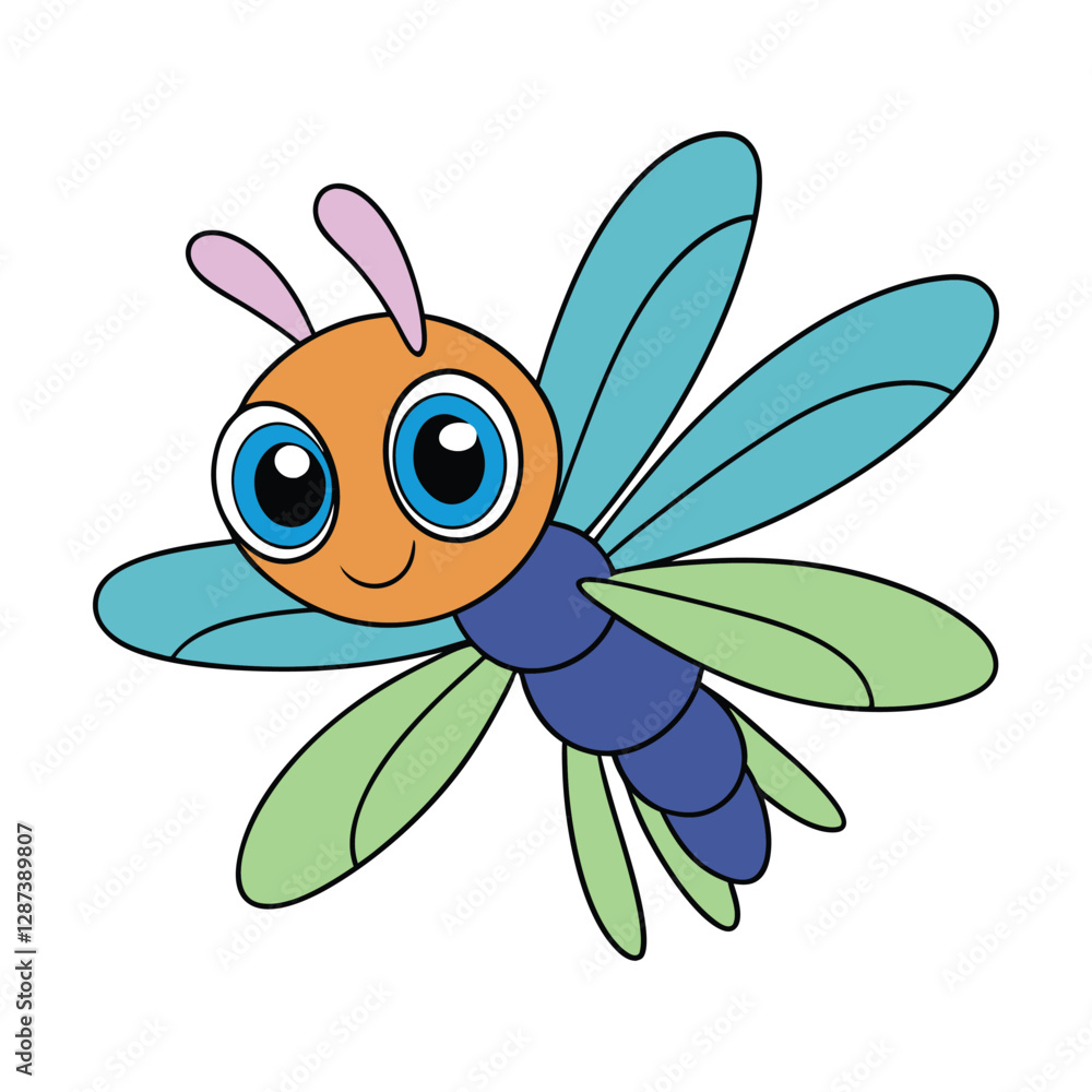 A cute cartoon dragonfly with big, sparkling eyes, a tiny smiling mouth, delicate translucent wings, and a round, colorful body, buzzing cheerfully through the air. A cute cartoon dragonfly with big, sparkling eyes, a tiny smiling mouth, delicate translucent wings, and a round, colorful body, buzzing cheerfully through the air.