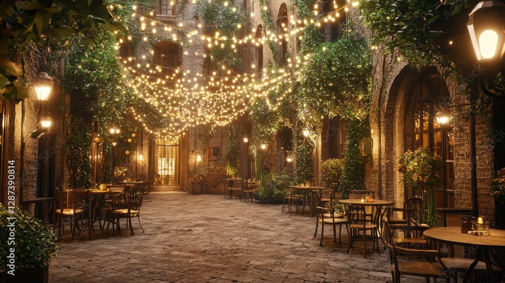 Elegant Renaissance Courtyard with Warm Lights and Lush Greenery Elegant Renaissance Courtyard with Warm Lights and Lush Greenery