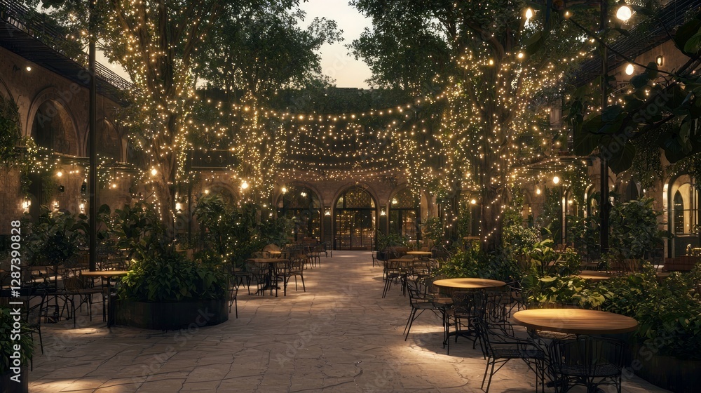 Fototapeta premium Enchanting Renaissance Courtyard with Twinkling Lights and Greenery