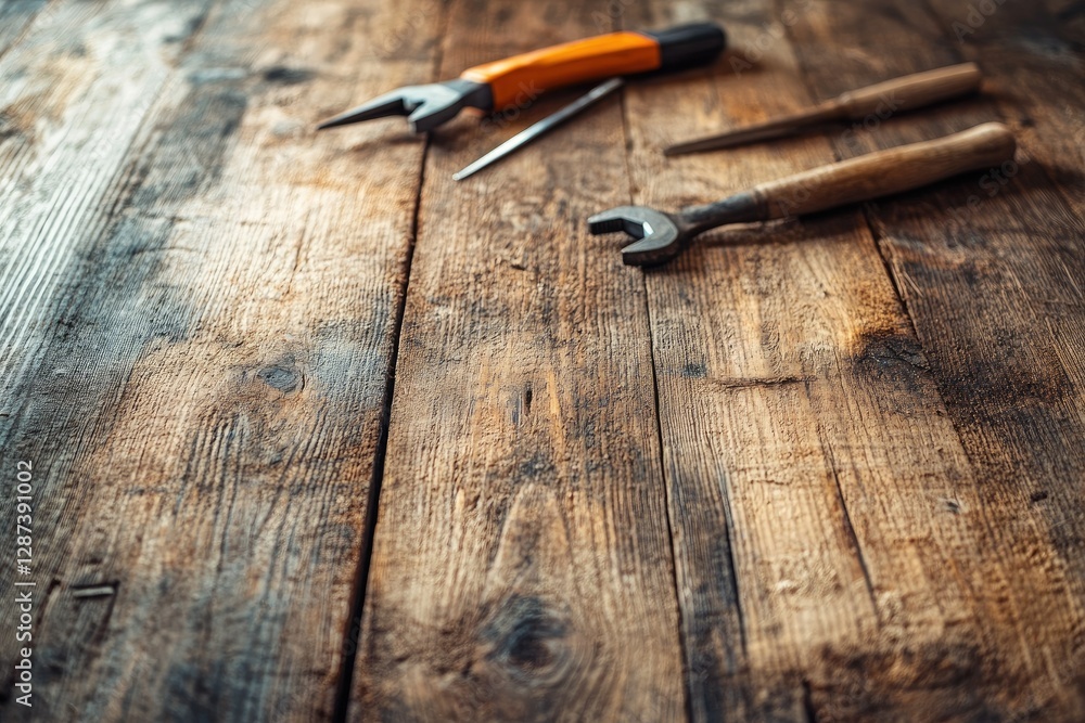 Flawless Visual of Close Up Wood Table with Work Tools Flawless Visual of Close Up Wood Table with Work Tools