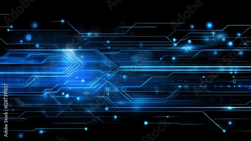 Futuristic technology background with abstract digital elements featuring glowing blue and purple light streaks, high-tech circuit patterns, and a sci-fi cyber grid design for innovation and ai-themed