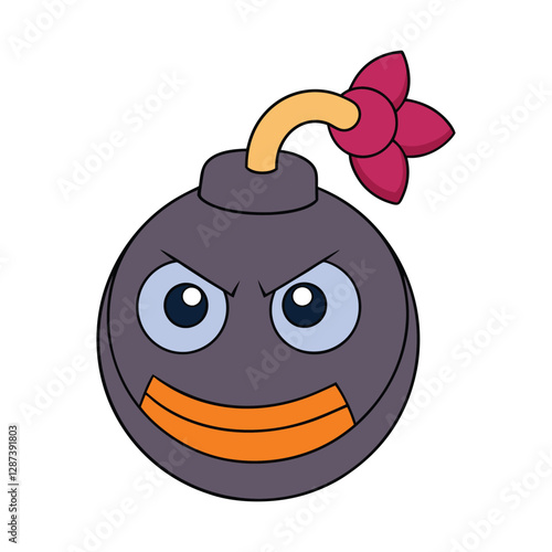 A cartoon evil bomb with glowing red eyes, a sinister grin, and a lit fuse, ready to explode. Its dark metallic body radiates mischief and danger, oozing villainous energy.