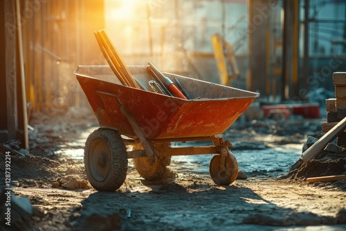 Vibrant Color Visual of Construction Site with Barrow Filled with Tools photo