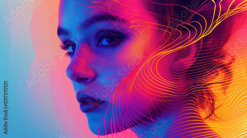 Portrait of a young woman featuring geometric patterns and vibrant digital waves in a futuristic artistic style