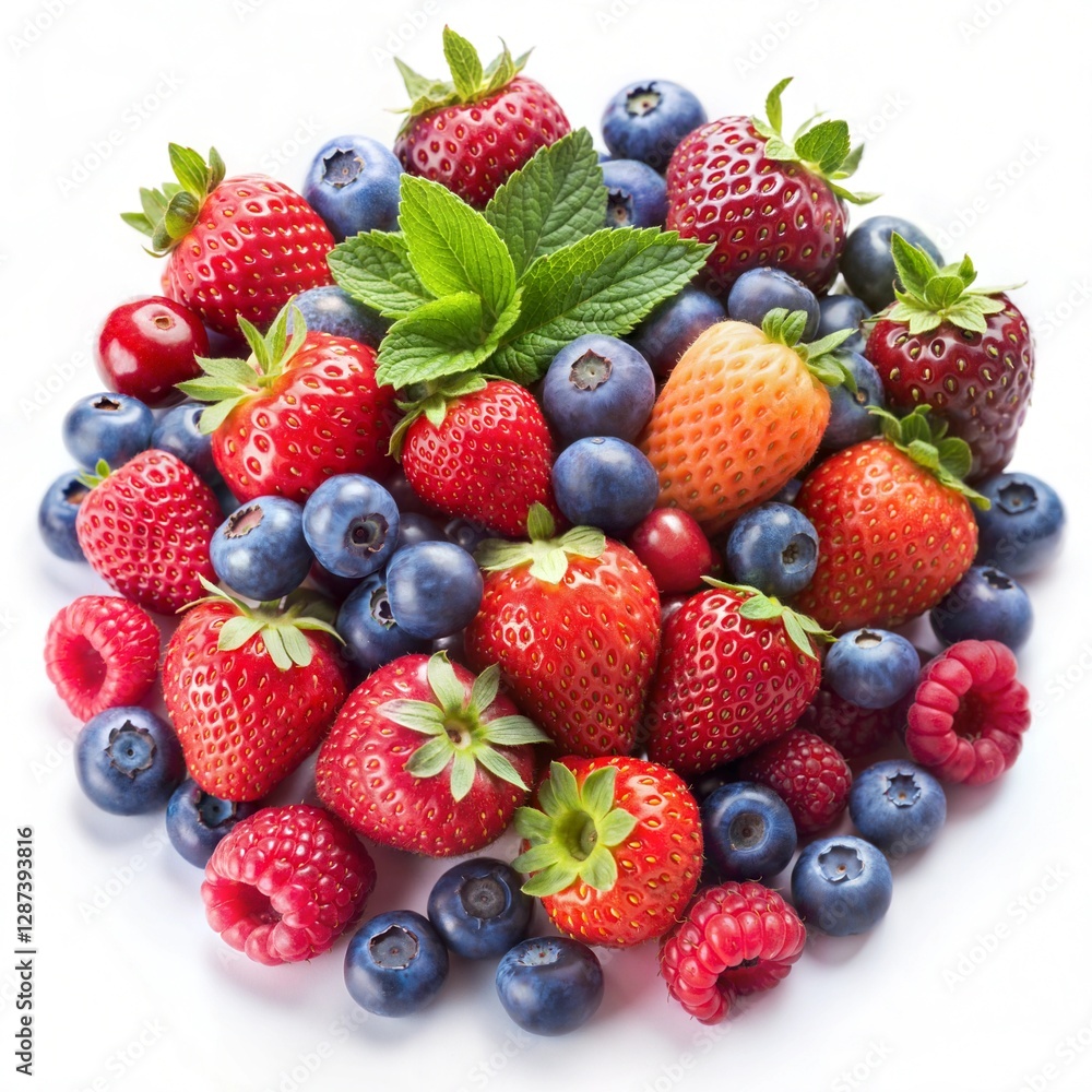 Fresh and Vibrant Mixed Berries - Strawberries, Blueberries, Raspberries, and Mint Leaves Fresh and Vibrant Mixed Berries - Strawberries, Blueberries, Raspberries, and Mint Leaves