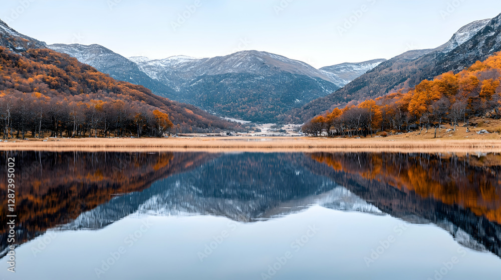 Obraz premium Autumn lake reflection in mountain valley