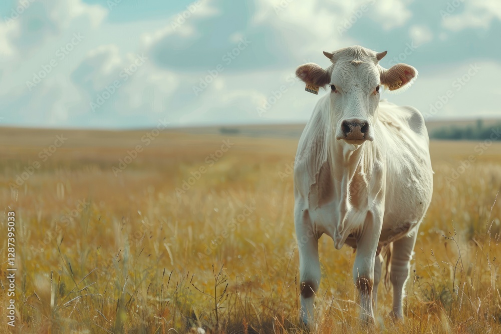 High Resolution Visual of White Cow on the Grassland High Resolution Visual of White Cow on the Grassland