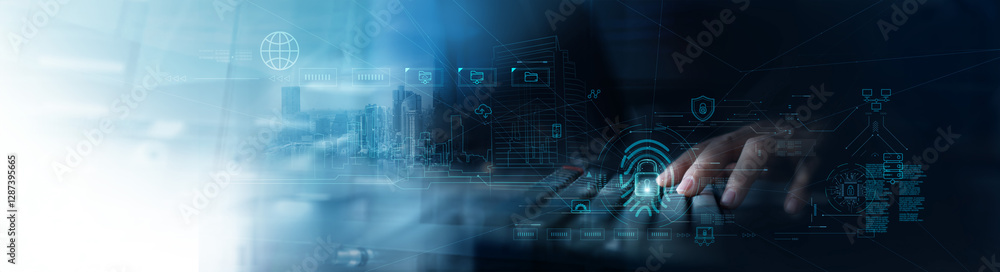 Businessman and fingerprint scanning unlock and access to business data network. Cloud. Biometric identification and cyber security protect business transaction from online digital cyber attack. Businessman and fingerprint scanning unlock and access to business data network. Cloud. Biometric identification and cyber security protect business transaction from online digital cyber attack.