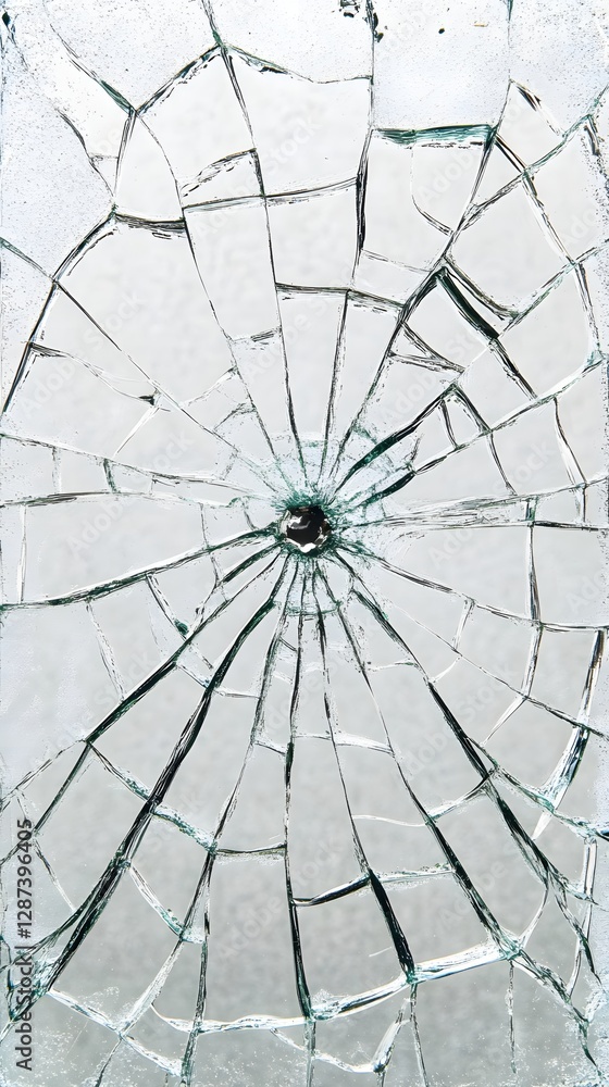 Obraz premium Shattered glass with a central hole creating a radial pattern against a blurred background showcasing fragility and impact