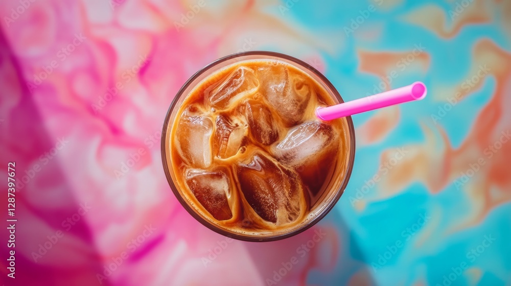 Fototapeta premium Iced coffee with a pink straw on colorful abstract background, top view. Refreshing summer beverage concept