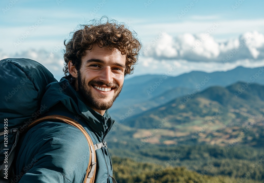 A close-up portrait of a smiling man with a beard and a backpack A close-up portrait of a smiling man with a beard and a backpack