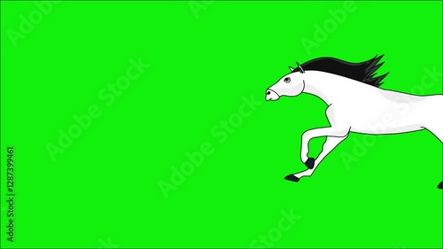 A dynamic, high-quality animation of a majestic white horse galloping across a pure green screen background.