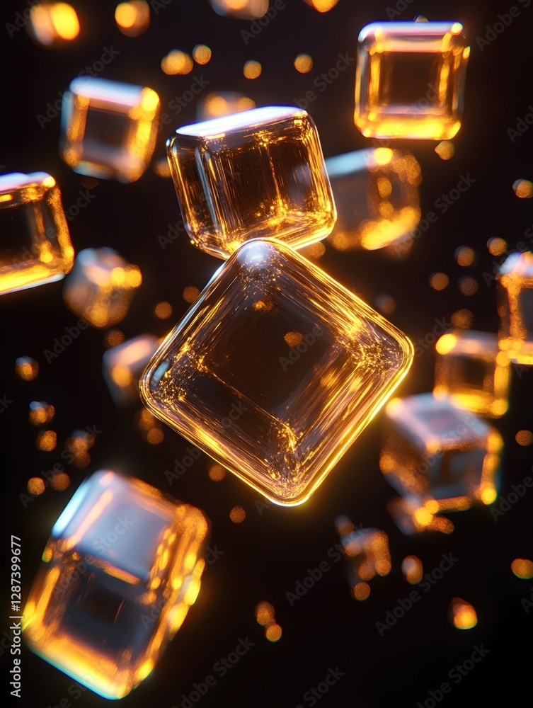 Golden cubes floating in dark space with bokeh lights creating a futuristic and dreamy atmosphere for technology concept Golden cubes floating in dark space with bokeh lights creating a futuristic and dreamy atmosphere for technology concept