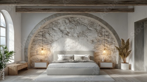 Cozy bedroom features stone wall arch and natural elements