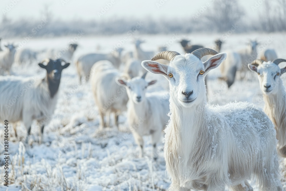 Vibrant Color Picture of Vertical Shot of a Group of Goats in a Field Covered in Snow Vibrant Color Picture of Vertical Shot of a Group of Goats in a Field Covered in Snow