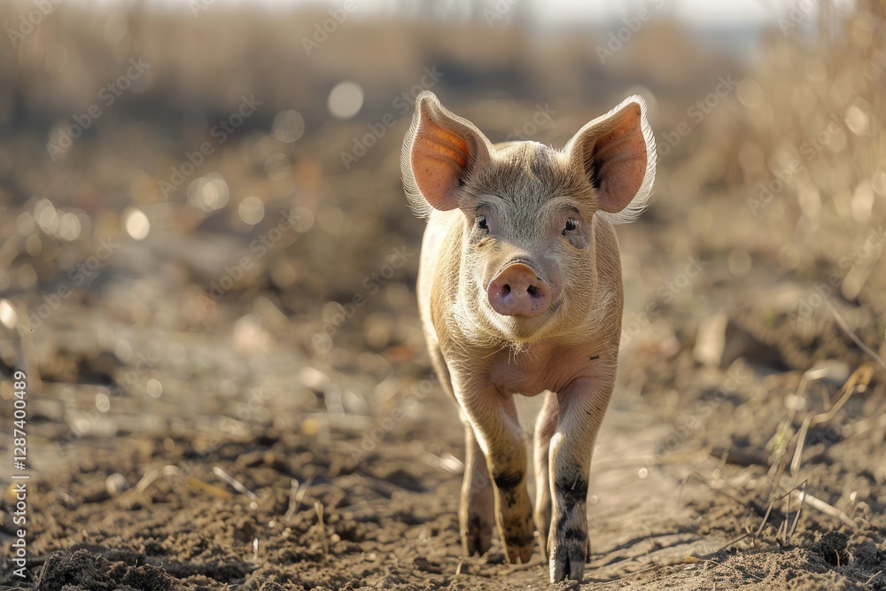 High Definition View of Vertical Shot of a Small Pig Walking on a Farmland High Definition View of Vertical Shot of a Small Pig Walking on a Farmland