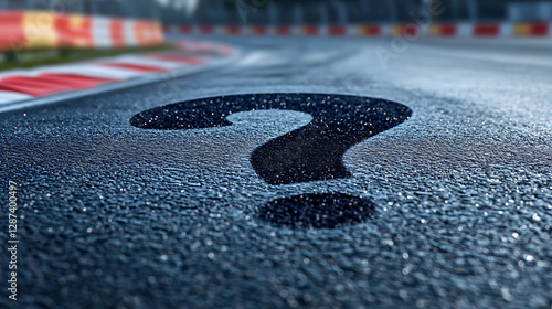 Large Question Mark on Wet Asphalt Race Track