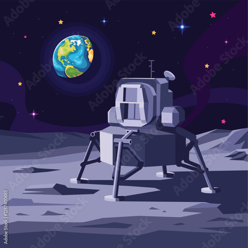 An illustration depicts an Human Space Lander on the moon, with earth visible in the background, highlighting the vastness of space and the significance of lunar exploration. 