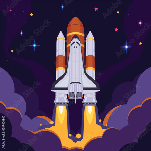 Illustration of a space shuttle rocket launch in vector style, capturing the energy and excitement of liftoff
