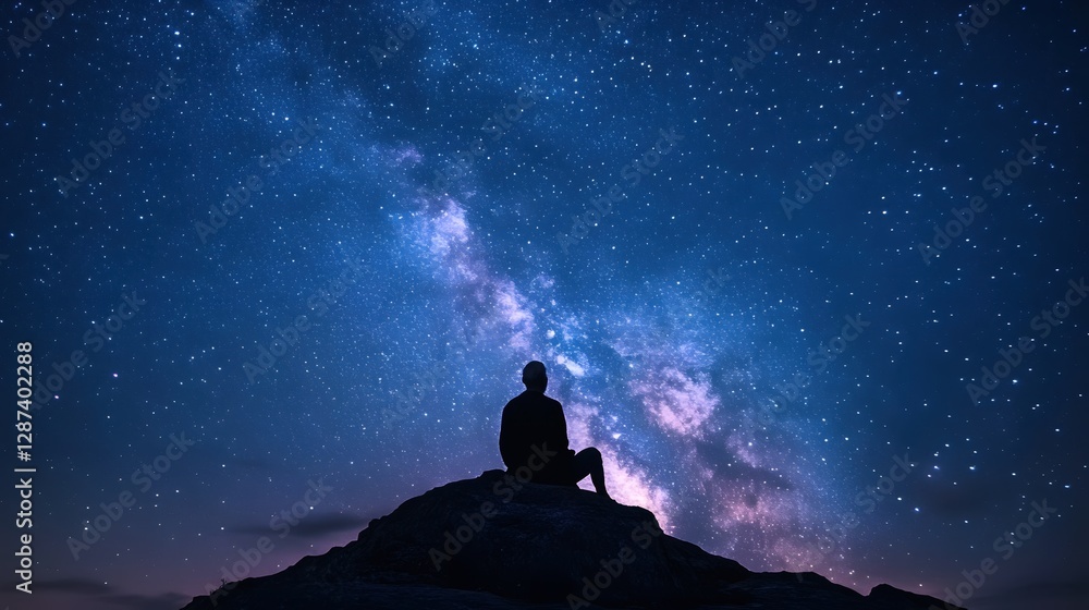 Solitude under the Milky Way Awe inspiring night landscape of a person silhouetted against a starry sky Cosmic background with a celestial display of stars Solitude under the Milky Way Awe inspiring night landscape of a person silhouetted against a starry sky Cosmic background with a celestial display of stars