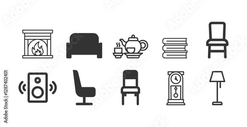Set of black furniture and home decor icons including chairs, fireplace, books, clock, lamp, speaker, and tea set in minimalist style