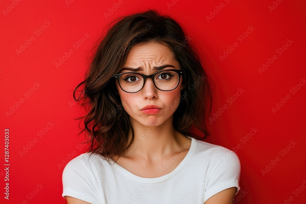 Fototapeta premium A worried woman with glasses showing a concerned expression