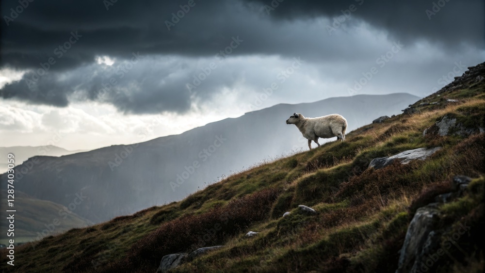 Solitary Sheep on Hillside Under Dramatic Sky Landscape Photography, Wide Angle Composition, Moody Atmosphere. , sheep photography, landscape photography Solitary Sheep on Hillside Under Dramatic Sky Landscape Photography, Wide Angle Composition, Moody Atmosphere. , sheep photography, landscape photography