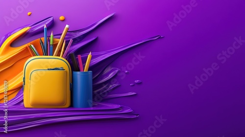 Colorful School Supplies on Purple Background with Creative Design