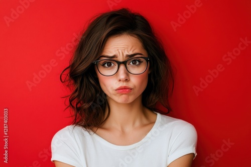 A worried woman with glasses showing a concerned expression photo