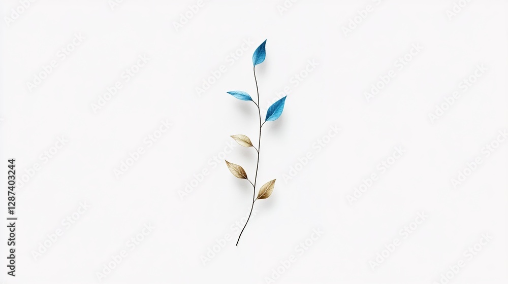 Fototapeta premium Elegant Blue and Gold Leaves on a Minimalist White Background
