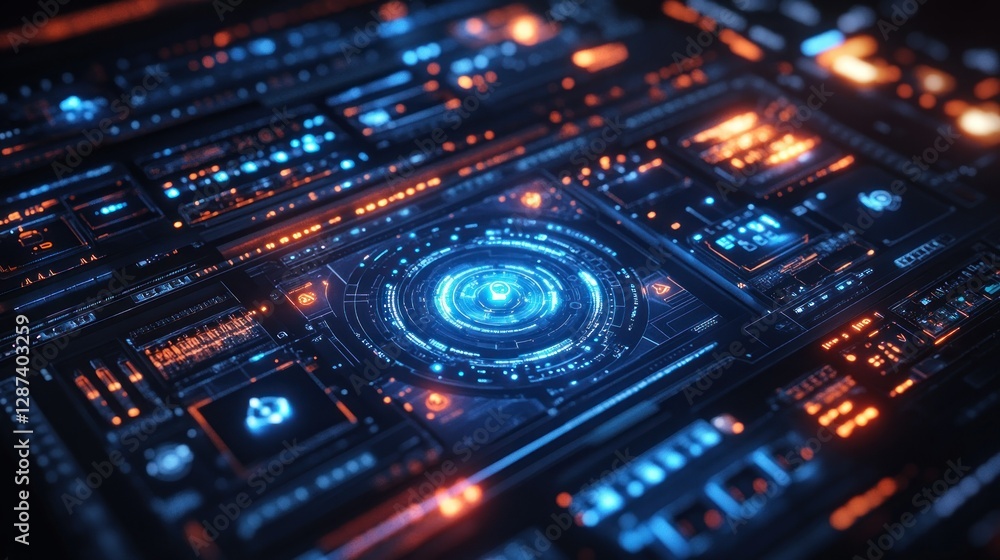 Futuristic digital interface with glowing elements.