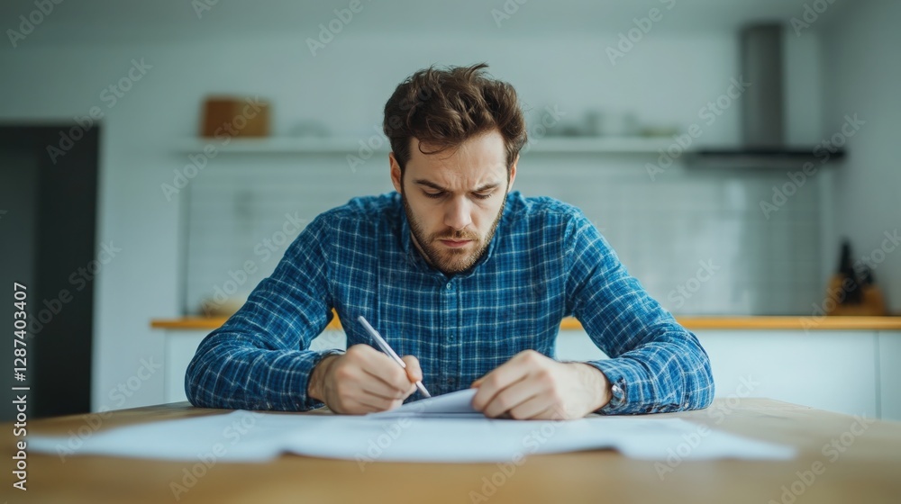 Focused individual in a blue plaid shirt writing notes at a wooden table in a modern kitchen setting Focused individual in a blue plaid shirt writing notes at a wooden table in a modern kitchen setting