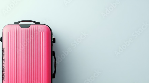 Photo of a pink suitcase on a white background, with space for text or product placement. Travelling advertising.