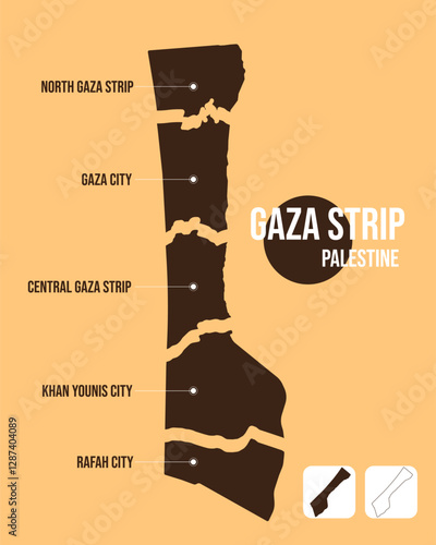 Gaza Strip Map – Detailed GAZA Map Showing Cities and Regions Within the Gaza Strip. Complete Map and Divided Map by Governorates and Cities, Highlighting Key Areas and Boundaries.