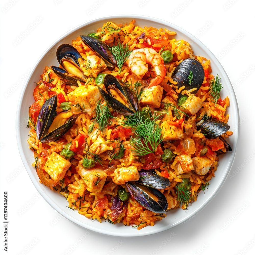 A top-view shot of a flavorful seafood biryani made with aromatic rice, shrimp, and mussels, garnished with fresh dill A top-view shot of a flavorful seafood biryani made with aromatic rice, shrimp, and mussels, garnished with fresh dill
