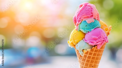 Colorful ice cream cone with multiple flavors against a blurred background.