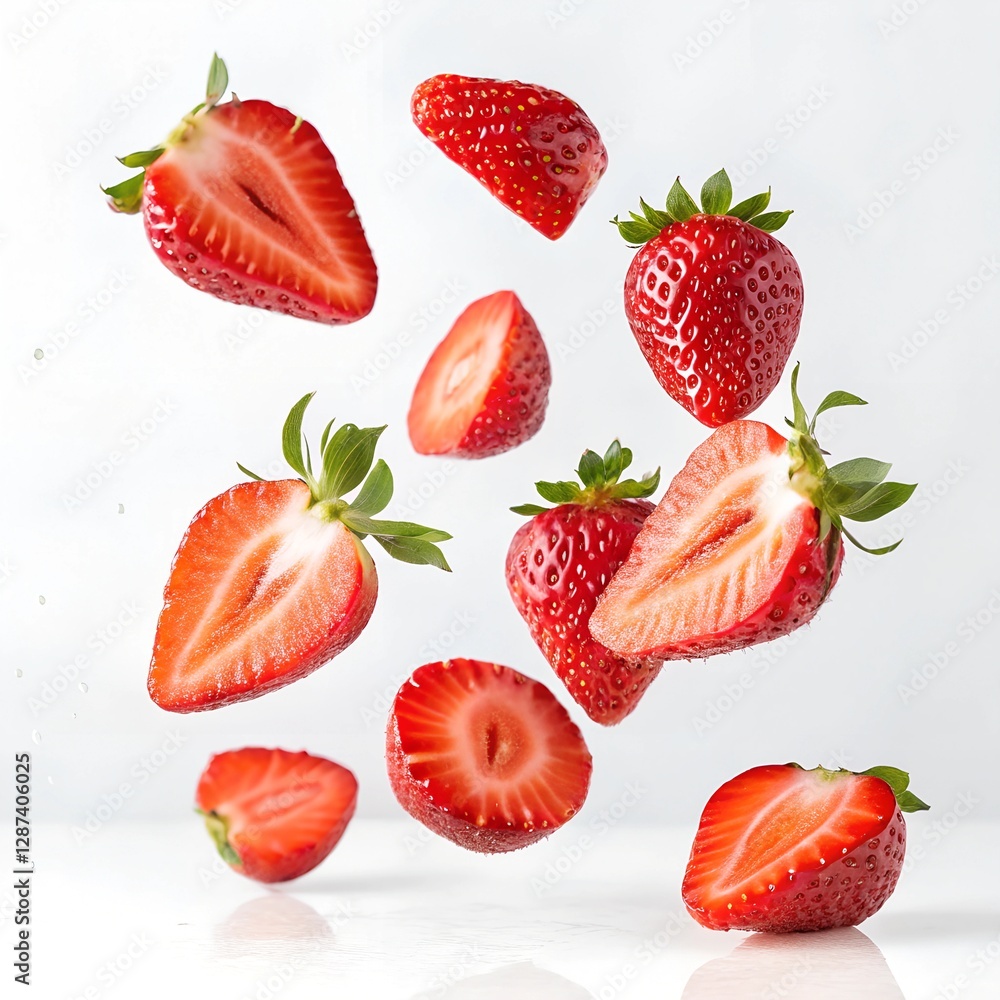 Fresh and Juicy Strawberries: Whole and Sliced Floating in Mid-Air Fresh and Juicy Strawberries: Whole and Sliced Floating in Mid-Air