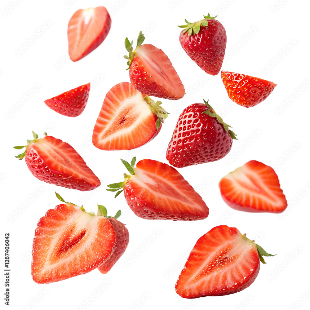 Fresh and Juicy Strawberries: Whole and Sliced Floating in Mid-Air Fresh and Juicy Strawberries: Whole and Sliced Floating in Mid-Air