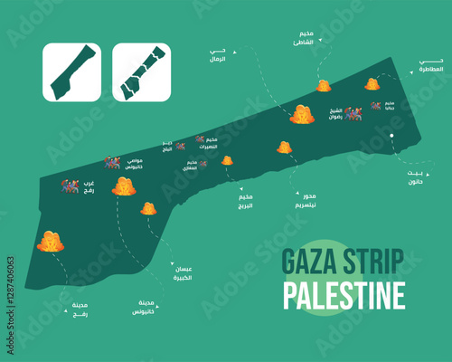 Gaza Strip Map – Detailed GAZA Map Showing Cities and Regions Within the Gaza Strip. Complete Map and Divided Map by Governorates and Cities, Highlighting Key Areas and Boundaries.