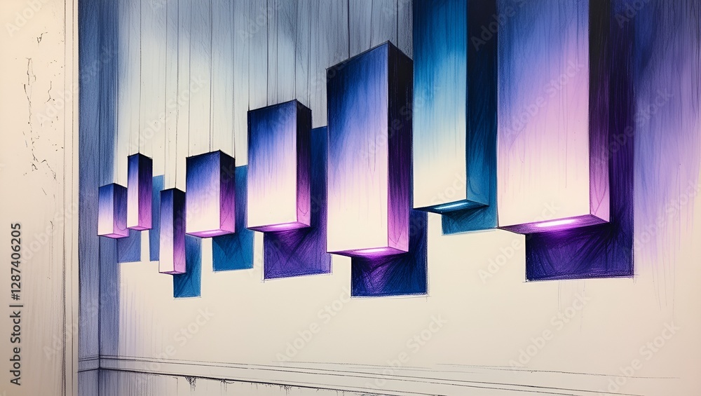 Fototapeta premium Abstract blue background with blue lines in a modern architectural space featuring a corridor, light, columns, and empty room design for office or home concept