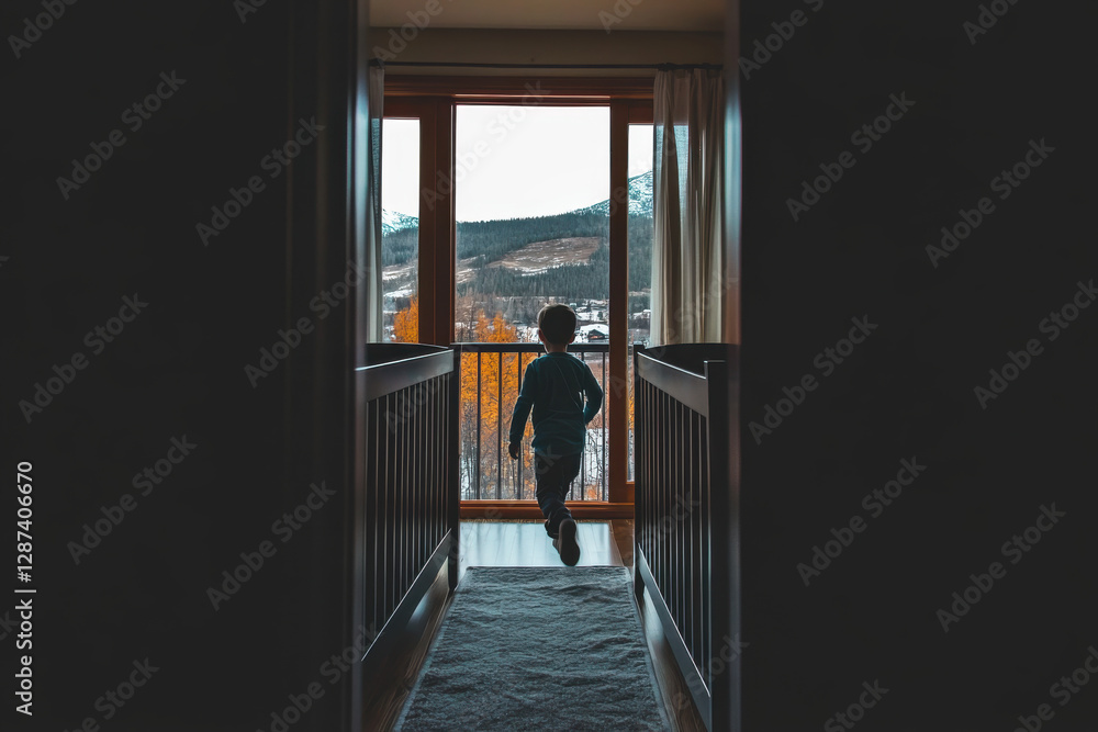 Fototapeta premium A child is standing in a hallway with a view of the mountains