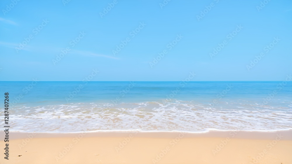Fototapeta premium Serene sandy beach with crystal clear turquoise waters, calm waves, and a peaceful sky