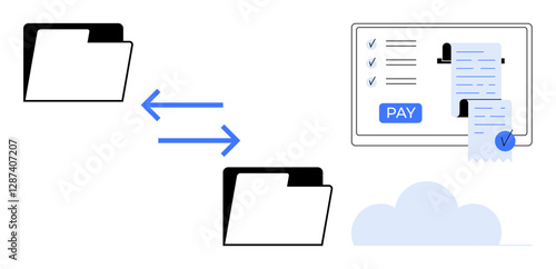 Data transfer between two folders represented by blue arrows with a digital payment receipt on a screen labeled Pay. Ideal for online payments, digital transactions, financial management, data