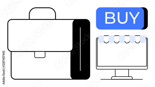 Briefcase, coil-bound notebook on monitor, and a BUY button illustrate e-commerce and business activities. Ideal for business, e-commerce, organization, digital marketing, online shopping, office